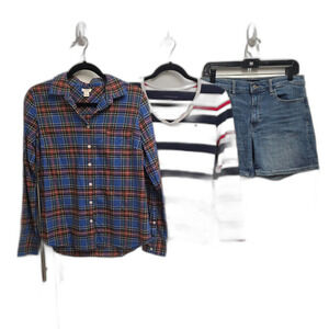 J.Crew Plaid Shirt + Tommy Hilfiger Stripe Top + Banana Republic Shorts Bundle M
